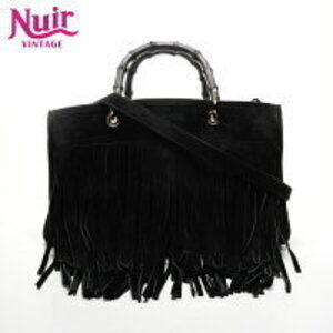 Gucci Fringe Suede Bamboo Handbag Black